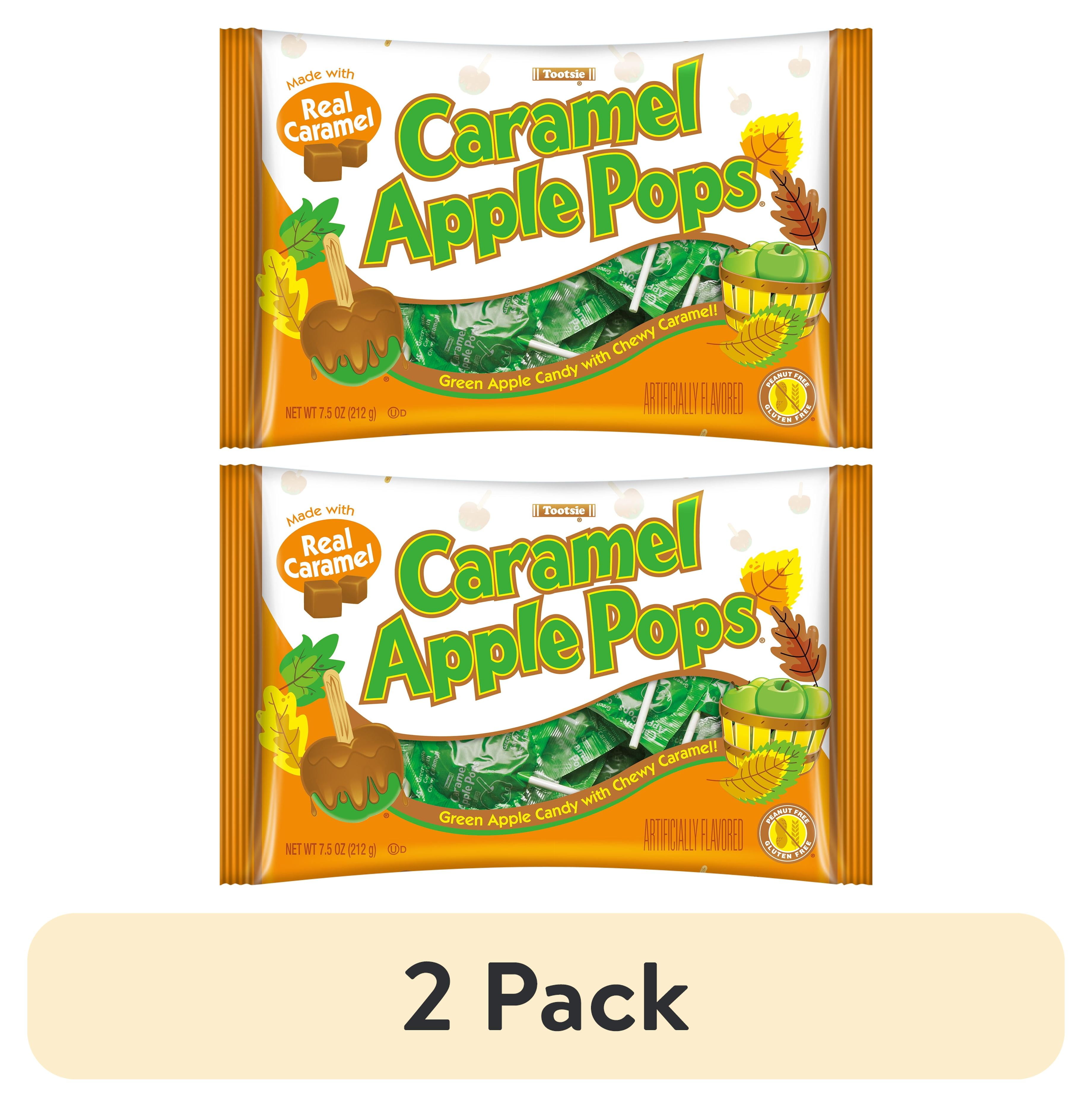 (2 pack) Caramel Apple Pops, Caramel Coated Green Apple Lollipops, Individually Wrapped, 7.5 oz. Peanut Free, Gluten Free.  Contains Milk and Soy.