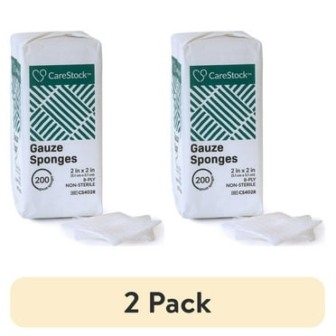 (2 pack) CareStock Gauze Sponge - Highly Absorbent, Medical-Grade Cotton Wound Dressing, First-Aid Essential - Non-Sterile 8-Ply Square, 2 x 2 in., 200 per Pack, 1 Pack