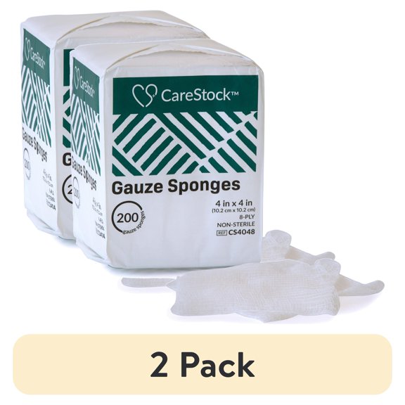 (2 pack) CareStock Gauze Sponge - Highly Absorbent, Medical-Grade Cotton Wound Dressing, First-Aid Essential - Non-Sterile 8-Ply Square, 4 x 4 in., 200 per Pack, 1 Pack