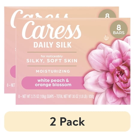 (2 pack) Caress Bar Soap for Women, Daily Silk White Peach & Orange Blossom for All Skin, 3.75 oz 8 Body Bath Bars