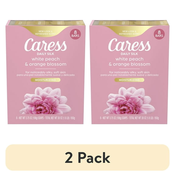 (2 pack) Caress Bar Soap for Women, Daily Silk White Peach & Orange Blossom for All Skin, 3.75 oz 8 Body Bath Bars