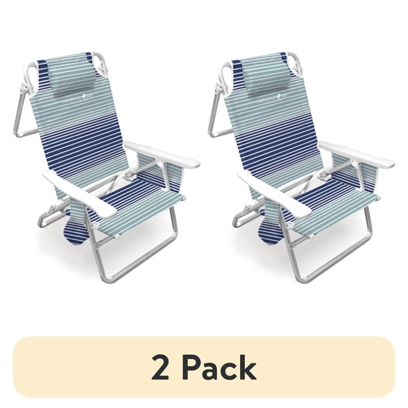 (2 pack) Caribbean Joe 5 Position Reclining Beach Chair, Blue Teal Stripes