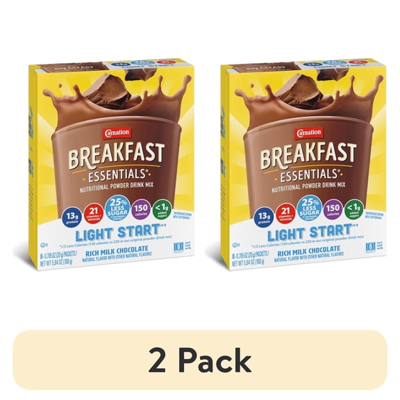 (2 pack) Carnation Breakfast Essentials Light Start Nutritional Drink Mix, Rich Milk Chocolate, 8 Count Box