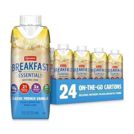 (2 pack) Carnation Breakfast Essentials Nutritional Protein-Packed Drink Shakes, Classic French Vanilla Breakfast Shakes, 8 fl oz, 12 Pack