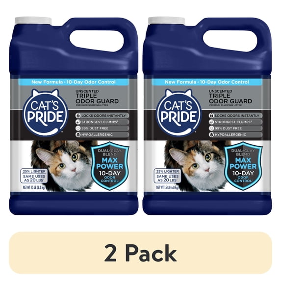 (2 pack) (2 pack) Cat's Pride Max Power Triple Odor Guard Unscented Clumping Cat Litter, 15 lb Jug