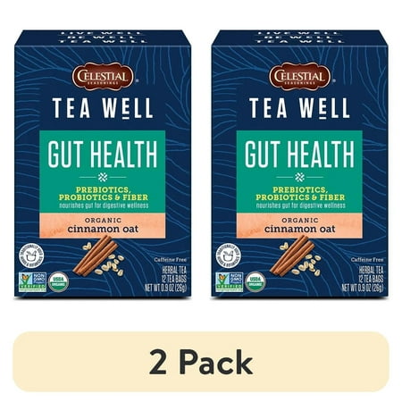 (2 pack) Celestial Seasonings TeaWell Gut Health Organic Cinnamon Oat Herbal Tea Bags, 12 Count