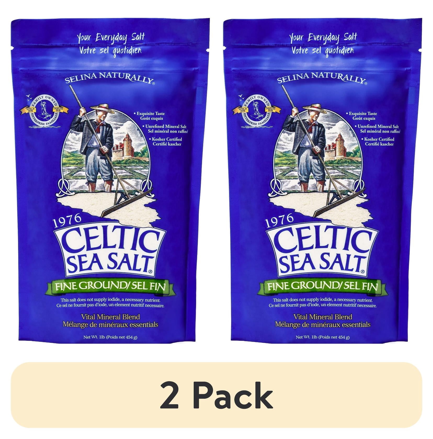 (2 pack) Celtic Sea Salt Fine Ground Sea Salt, Kosher Certified, Resealable Bag, 16 oz
