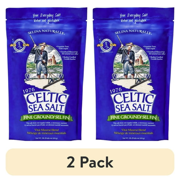 (2 pack) Celtic Sea Salt Fine Ground Sea Salt, Kosher Certified, Resealable Bag, 16 oz