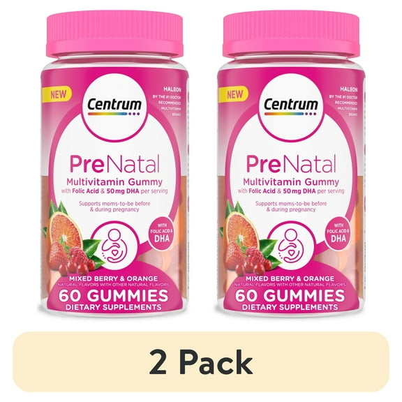 (2 pack) Centrum Prenatal Gummy Vitamins With Dha and Folic Acid, Mixed Berry and Orange, 60 Count