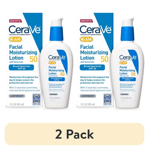 (2 pack) CeraVe AM Face Moisturizing Lotion with SPF 50, Oil-Free Moisturizer for Normal to Oily Skin, 3 fl oz
