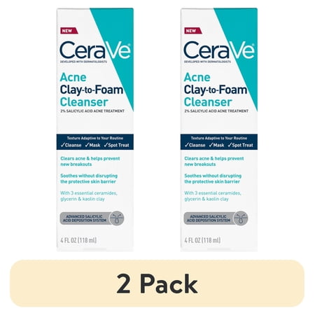 (2 pack) CeraVe Clay to Foam Acne Facial Cleanser, Mask & Spot Treatment for Acne Prone Skin 4 oz