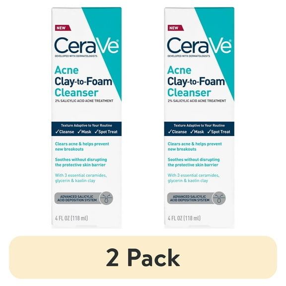 (2 pack) CeraVe Clay to Foam Acne Facial Cleanser, Mask & Spot Treatment for Acne Prone Skin 4 oz