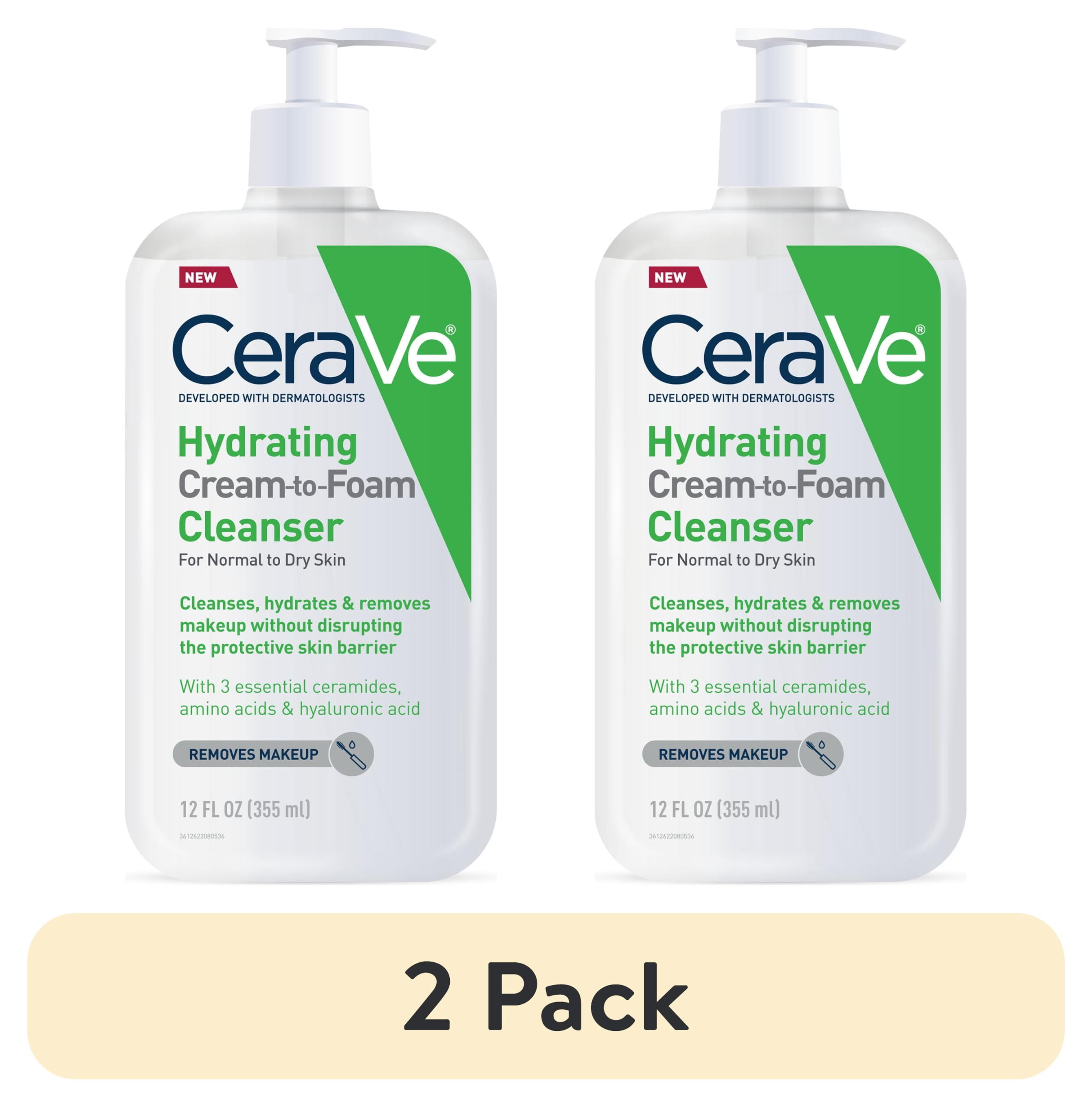 (2 pack) CeraVe Face Wash Hydrating Cream-to-Foam Cleanser Makeup Remover Hyaluronic Acid Fragrance Free 12 fl oz