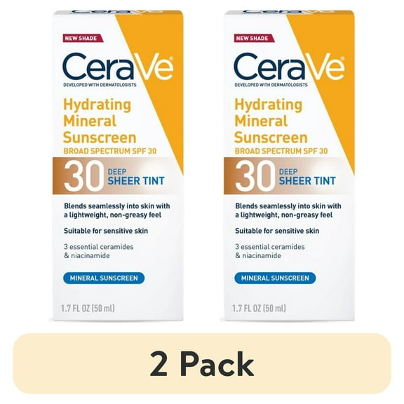 (2 pack) CeraVe Tinted Hydrating Mineral Sunscreen Lotion SPF 30 for Face with Sheer Tint