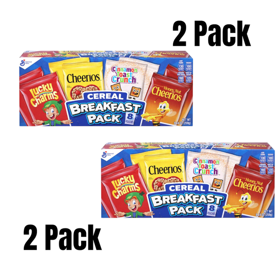 (2 pack) Cereal Variety Pack Lucky Charms, Cinnamon Toast Crunch, and Cheerios, 8 Pouches, 9.14 oz