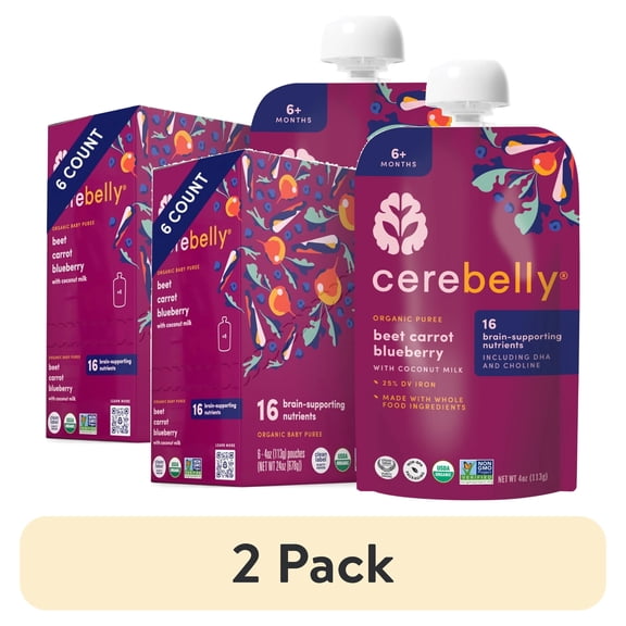 (2 pack) Cerebelly Organic Baby Food, Stage 2, Beet Carrot Blueberry with Coconut Milk, 4 oz Puree Pouches, 6 Pack
