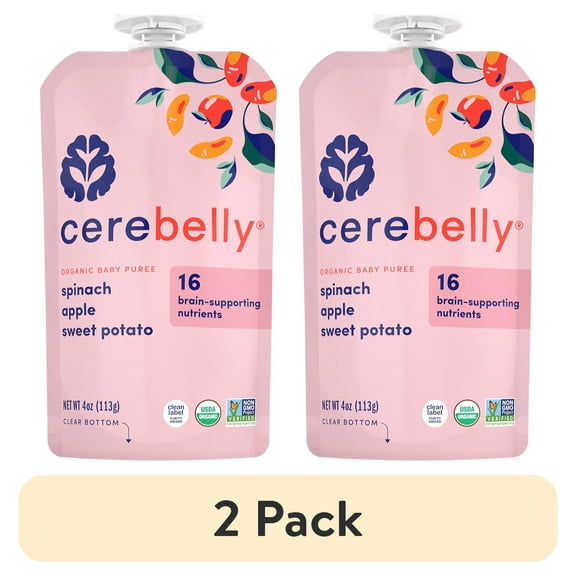 (2 pack) Cerebelly Organic Stage 2 Spinach Apple Sweet Potato Baby Food, 4 oz Puree