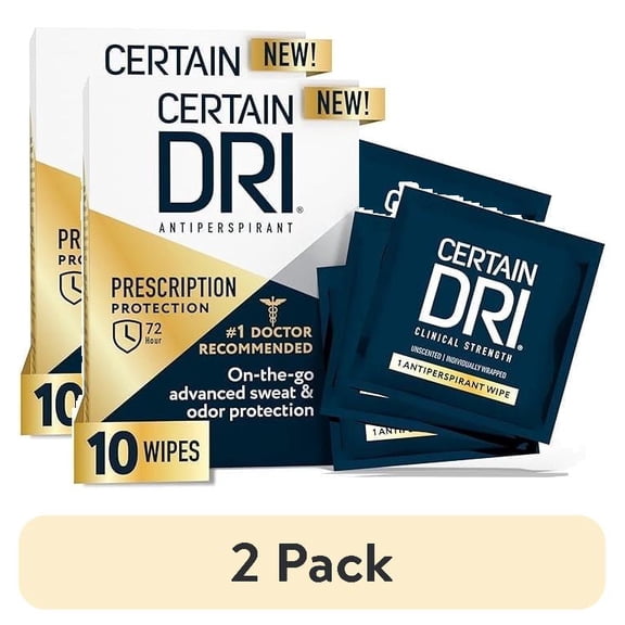 (2 pack) Certain Dri Antiperspirant Wipes for Excessive Sweating & Hyperhidrosis 72HR Clinical Strength Odor & Perspiration Protection, Travel-Friendly, Dermatologist Recommended, (10 Count)