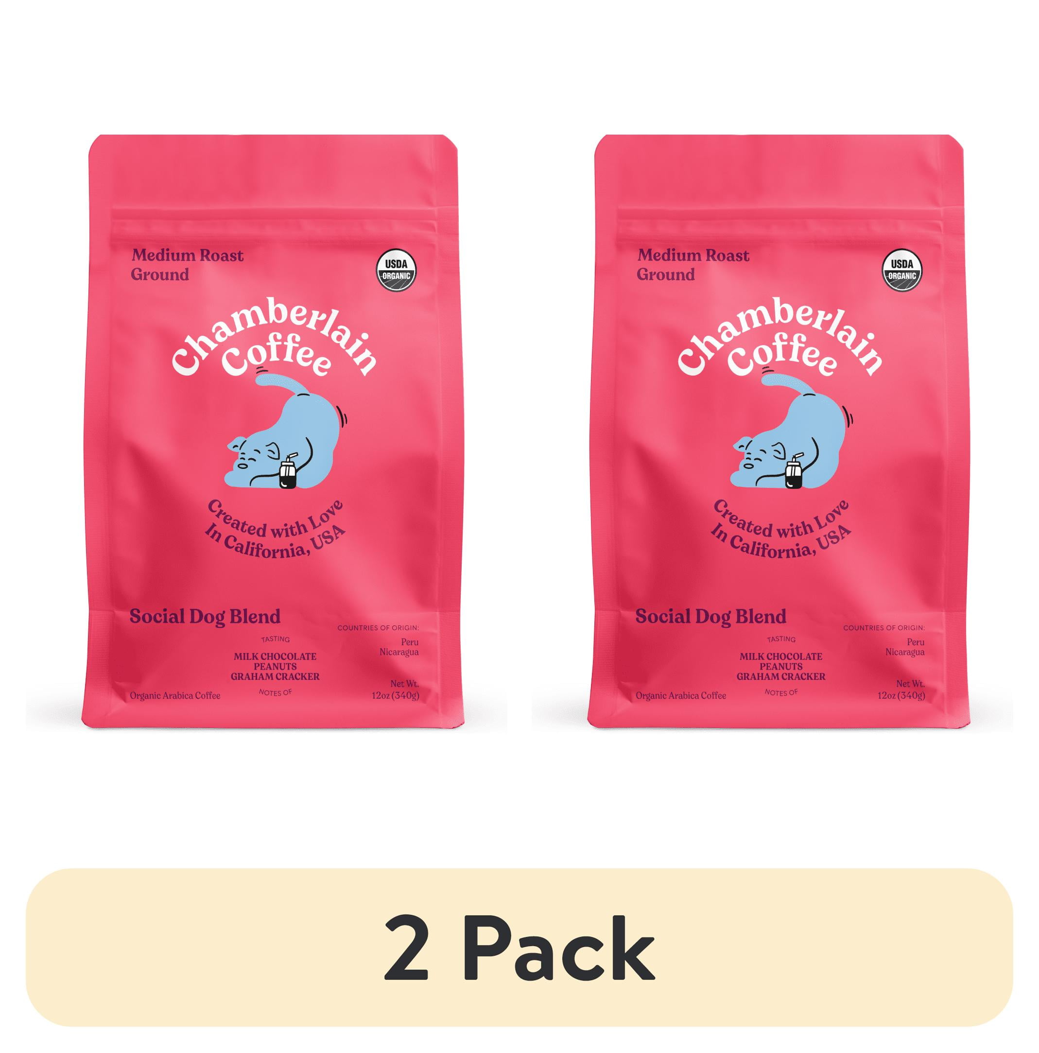 (2 pack) Chamberlain Coffee, Social Dog Medium Roast Grounds Bag, 12 oz