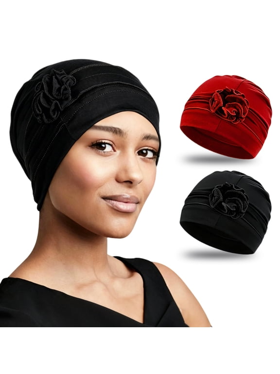 2 pack Chemo Headwear Turbans, Flower Decorated Soft Sleep Caps, Stretchy Head Wraps for Women, Black & Burgundy