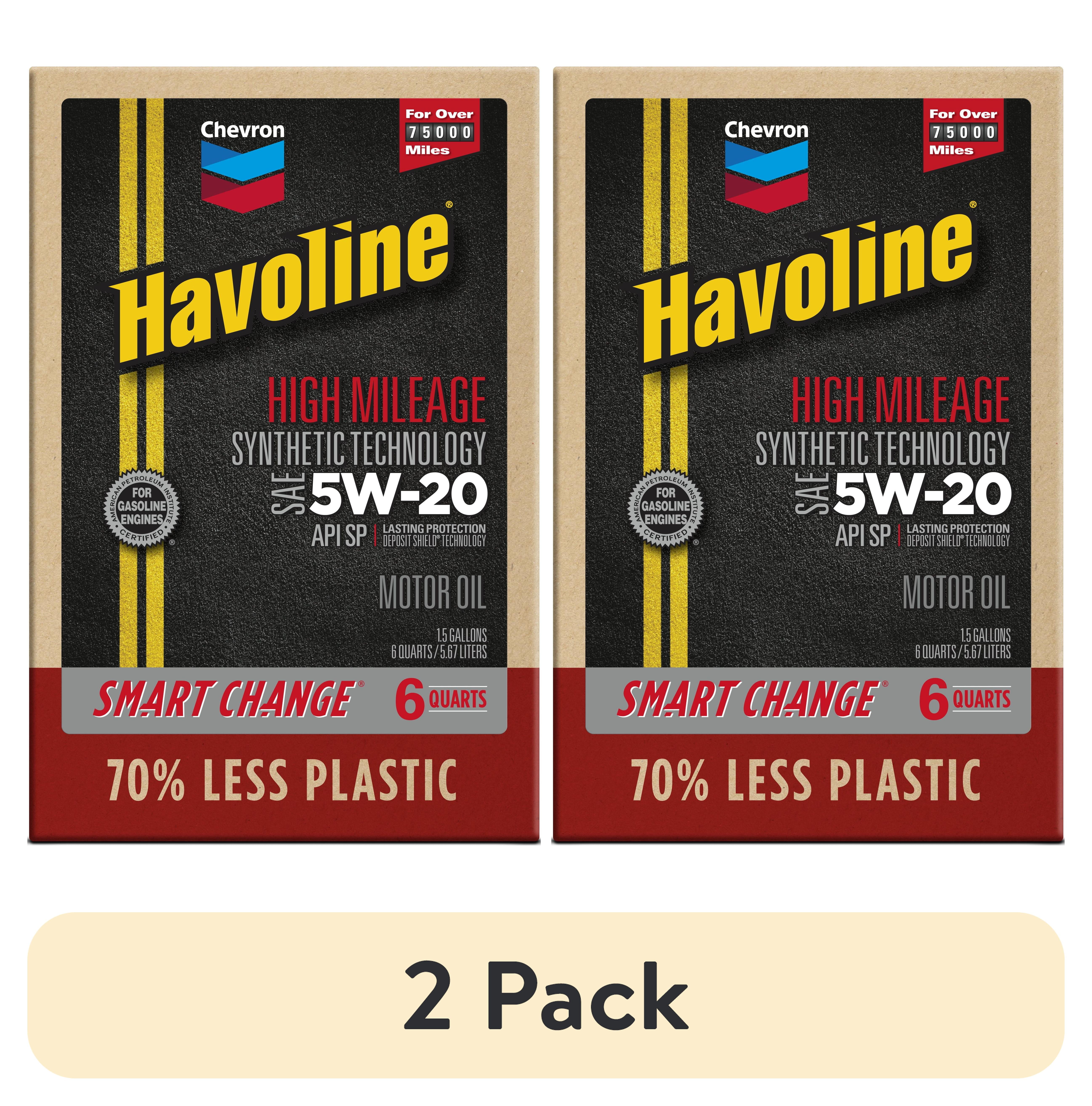 (2 pack) Chevron Havoline High Mileage Synthetic Technology Motor Oil 5W-20, 6 Quart Smart Change Box
