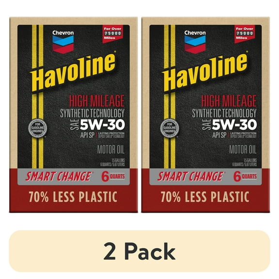 (2 pack) Chevron Havoline High Mileage Synthetic Technology Motor Oil 5W-30, 6 Quart Smart Change Box