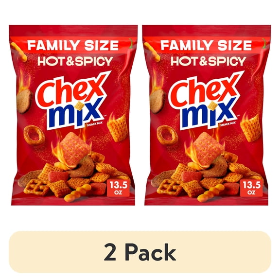 (2 pack) Chex Mix Hot and Spicy Savory Snack Mix, Family Size, Snack Bag, 13.5 oz