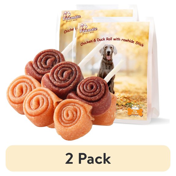 (2 pack) Pawmate Chicken & Duck Roll & Rawhide Stick Dog Treats, Long-Lasting Chews for Medium Large Dogs, 4 Count