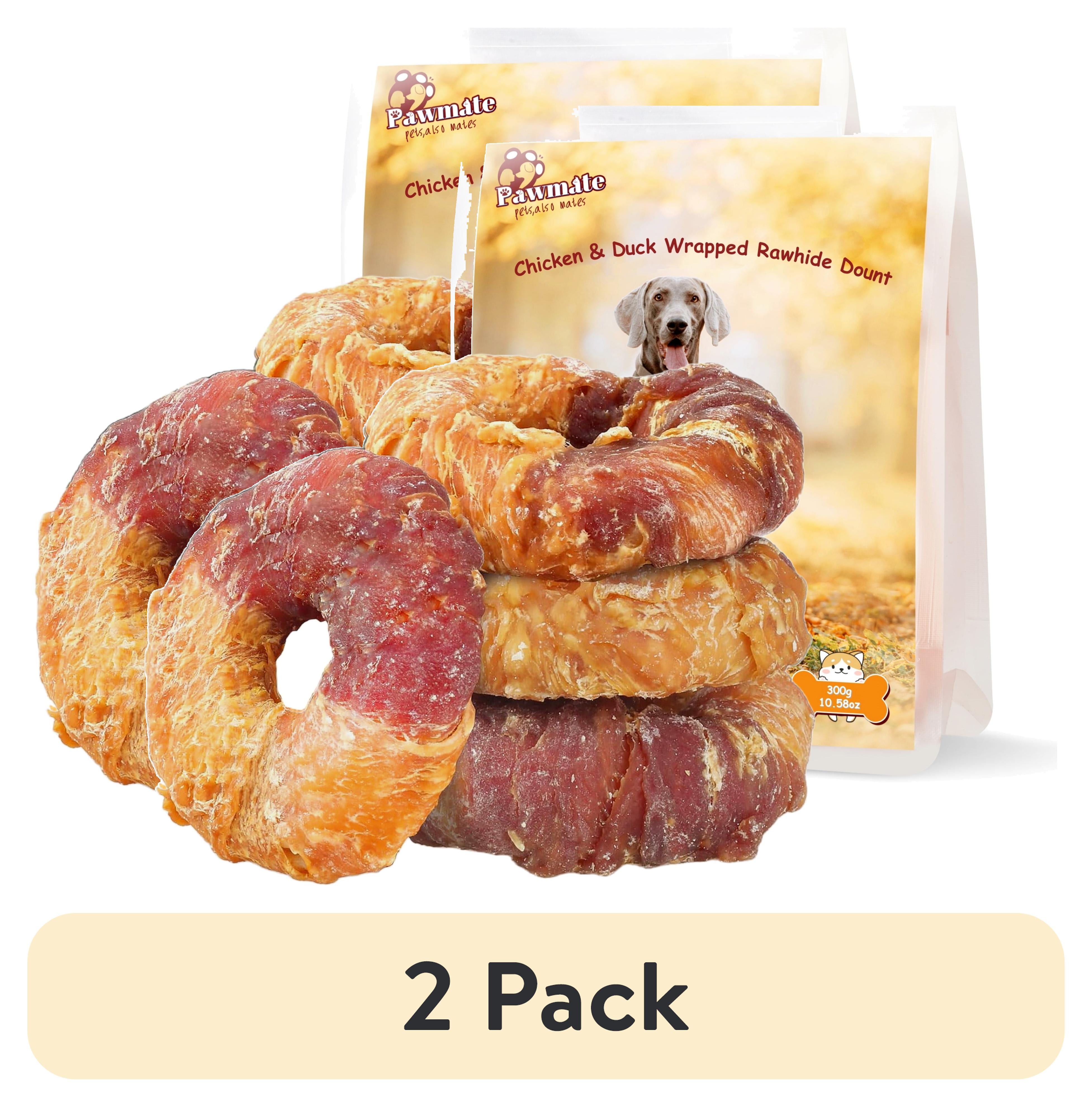 (2 pack) Pawmate Chicken & Duck Wrapped Rawhide Donut, Long Lasting Chews for Medium Large Dogs, 4 Count