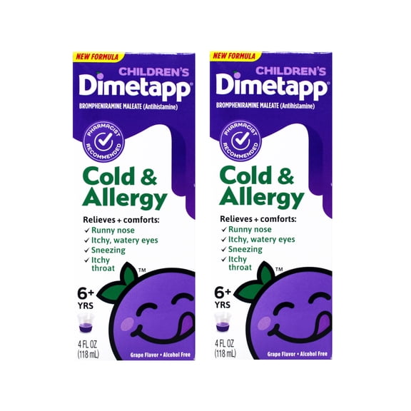 (2 pack) Children's Dimetapp, Cold and Flu Multi-Symptom Relief Liquid, Antihistamine and Nasal Decongestant, Red Grape Flavor, 4 fl. oz.