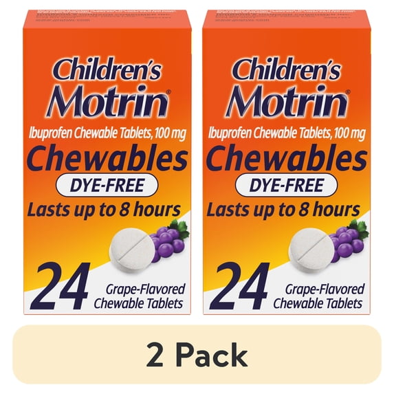 (2 pack) Children's Motrin Dye-Free Ibuprofen Chewable Tablets, Grape, 24 Ct