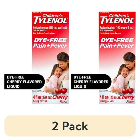 (2 pack) Children's Tylenol Pain + Fever Medicine, Dye-Free, Cherry, 4 fl. oz