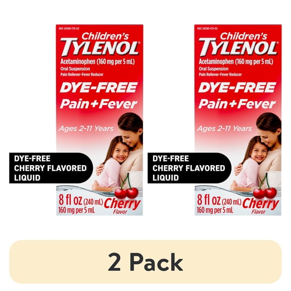 (2 pack) Children's Tylenol Pain + Fever Medicine, Dye-Free, Cherry, 8 fl. oz
