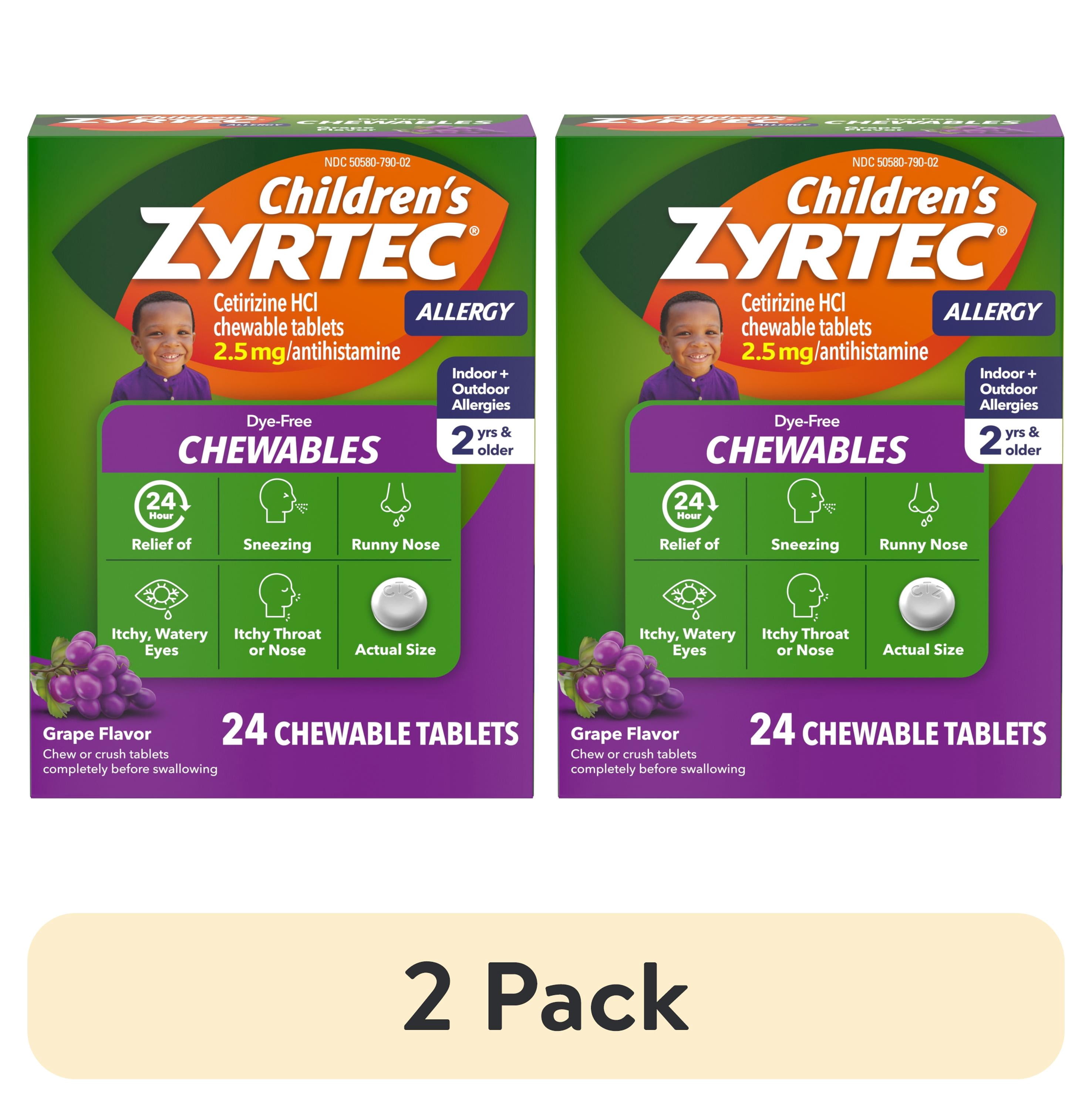(2 pack) Children's Zyrtec 24 Hr 2.5 mg Allergy Chews for Ages 2+, Grape, 24 Count