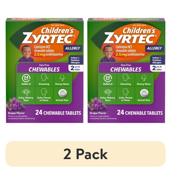 (2 pack) Children's Zyrtec 24 Hr 2.5 mg Allergy Chews for Ages 2+, Grape, 24 Count