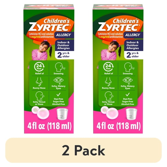 (2 pack) Children's Zyrtec 24 Hr Cetirizine Allergy Syrup, Bubble Gum, 4 fl. oz