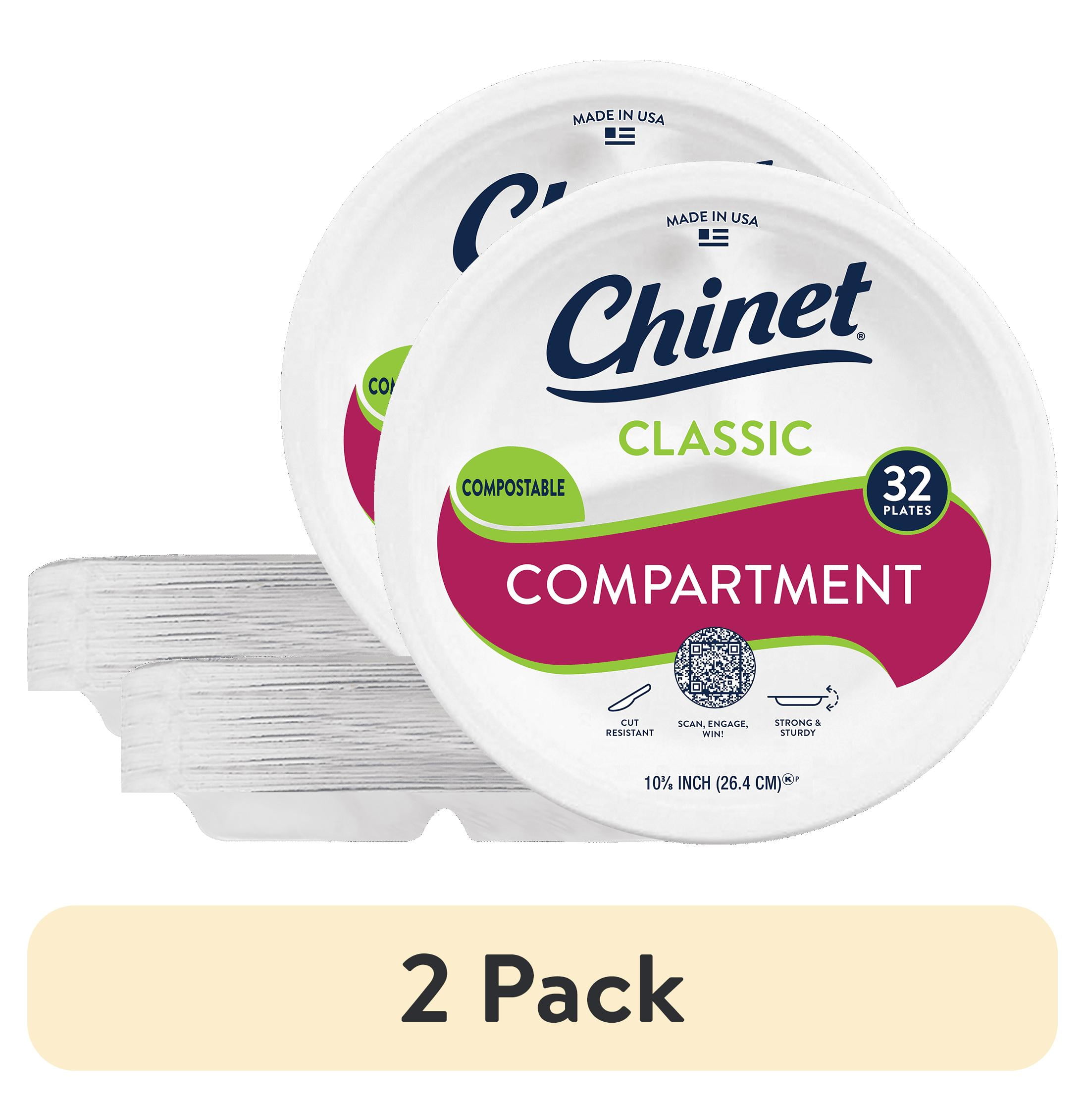 (2 pack) Chinet Classic Premium Disposable Paper Compartment Dinner Plates, White, 10 3/8, 32 Count