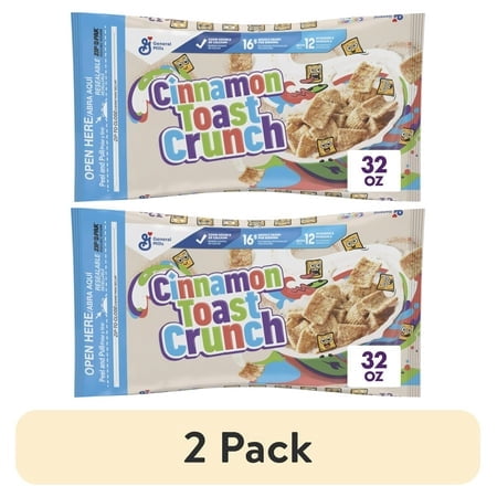 (2 pack) Cinnamon Toast Crunch Breakfast Cereal, Crispy Cinnamon Cereal, Value Bag, 32 oz
