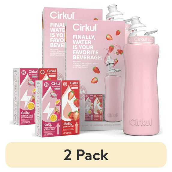 (2 pack) Cirkul 32oz Blush Pink Stainless Steel Starter Kit with Light Pink & White Cirkul Lid 2.0 and 2 Flavor Cartridges (Strawberry & Passion Fruit Dragon Fruit)