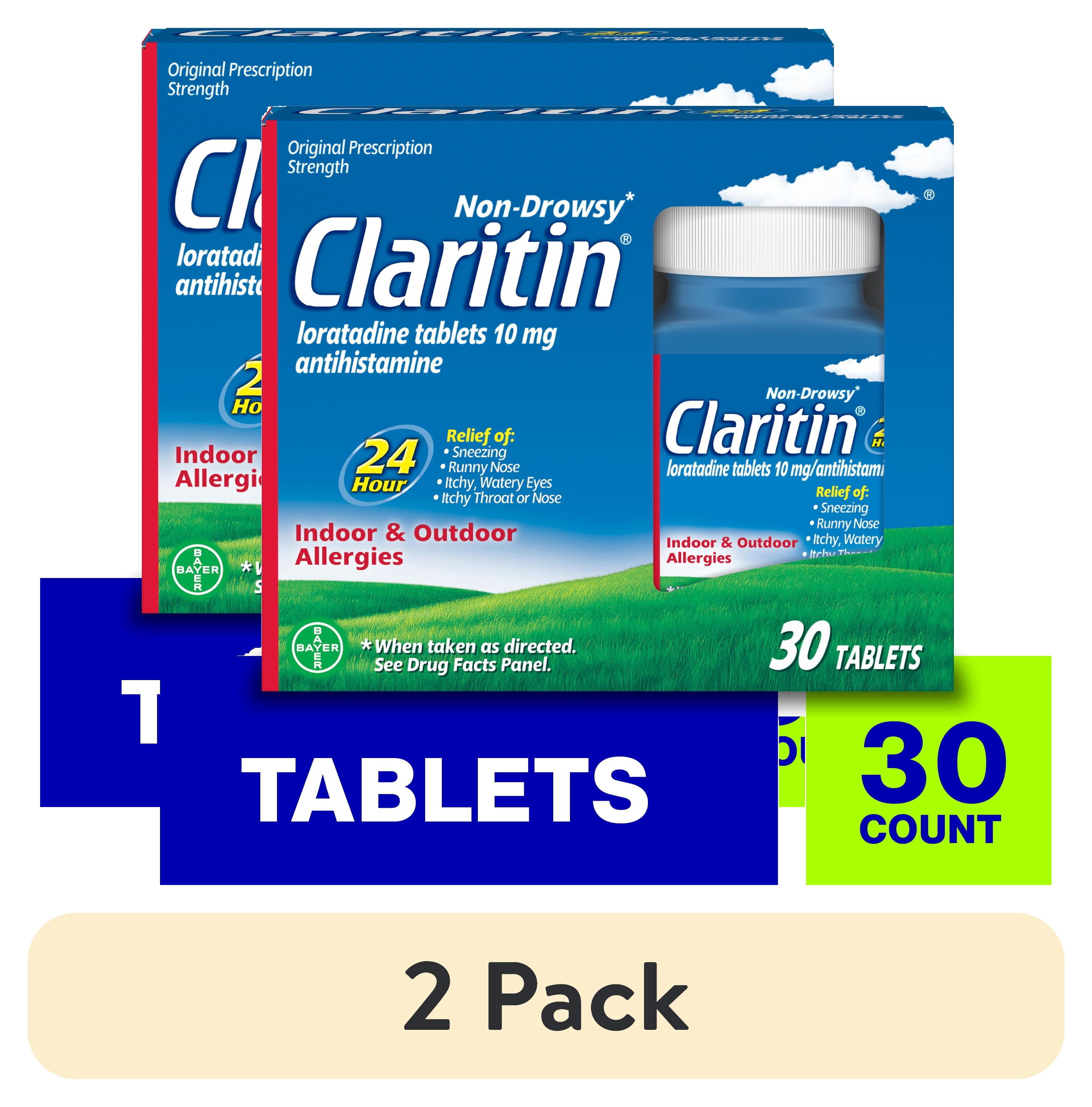 (2 pack) Claritin Allergy Relief 24 Hour Non-Drowsy Loratadine Antihistamine Allergy Medicine Tablets, 30 Count