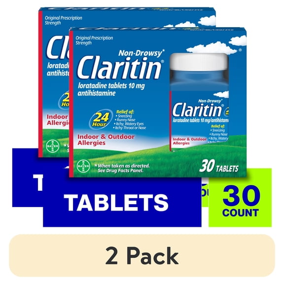 (2 pack) Claritin Allergy Relief 24 Hour Non-Drowsy Loratadine Antihistamine Allergy Medicine Tablets, 30 Count