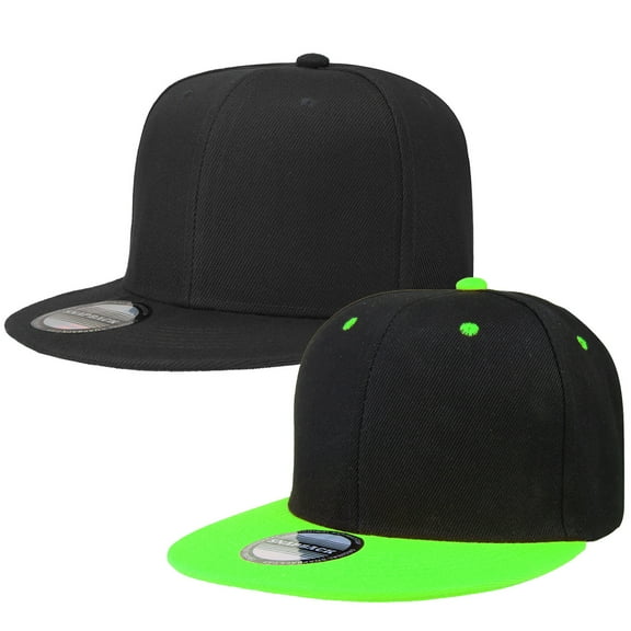 2-pack Classic Snapback Hat Cap Hip Hop Style Flat Bill Blank Solid Color Adjustable Size Black & BlackGreen