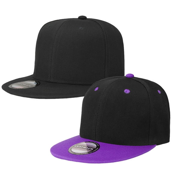 2-pack Classic Snapback Hat Cap Hip Hop Style Flat Bill Blank Solid Color Adjustable Size Black & BlackPurple