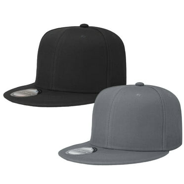 2-pack Classic Snapback Hat Cap Hip Hop Style Flat Bill Blank Solid Color Adjustable Size Black & Dark Grey