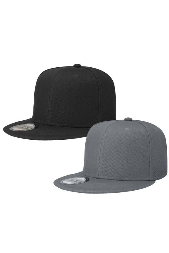 2-pack Classic Snapback Hat Cap Hip Hop Style Flat Bill Blank Solid Color Adjustable Size Black & Dark Grey