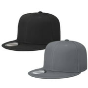 2-pack Classic Snapback Hat Cap Hip Hop Style Flat Bill Blank Solid Color Adjustable Size Black & Dark Grey