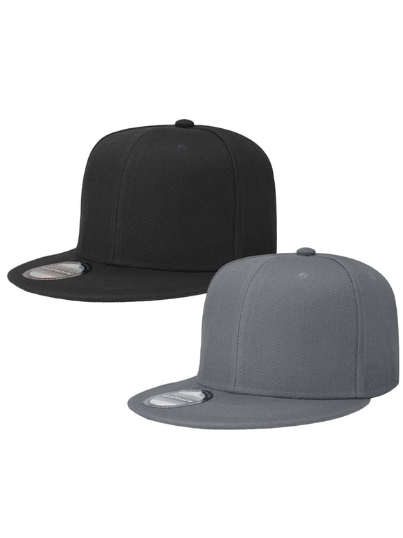 2-pack Classic Snapback Hat Cap Hip Hop Style Flat Bill Blank Solid Color Adjustable Size Black & Dark Grey