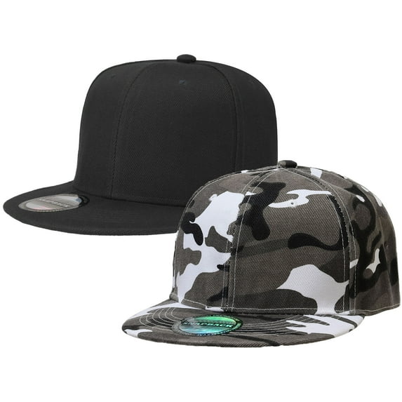2-pack Classic Snapback Hat Cap Hip Hop Style Flat Bill Blank Solid Color Adjustable Size Black & Grey Camouflage
