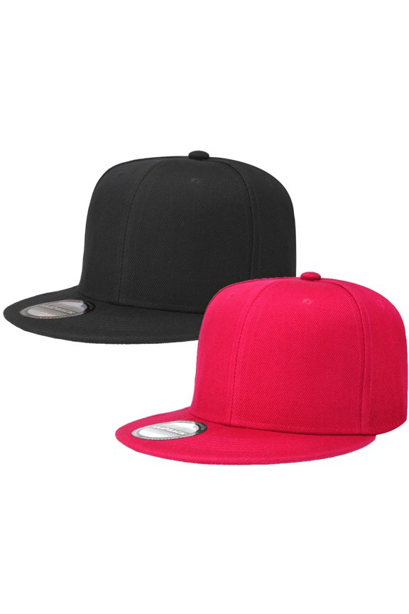 2-pack Classic Snapback Hat Cap Hip Hop Style Flat Bill Blank Solid Color Adjustable Size Black & Hot Pink