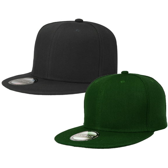 2-pack Classic Snapback Hat Cap Hip Hop Style Flat Bill Blank Solid Color Adjustable Size Black & Hunter Green